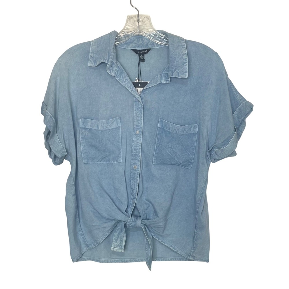 Sim & Sam Button Front Shirt Bottom Tie Large Light Blue New Casual Short Sleeve